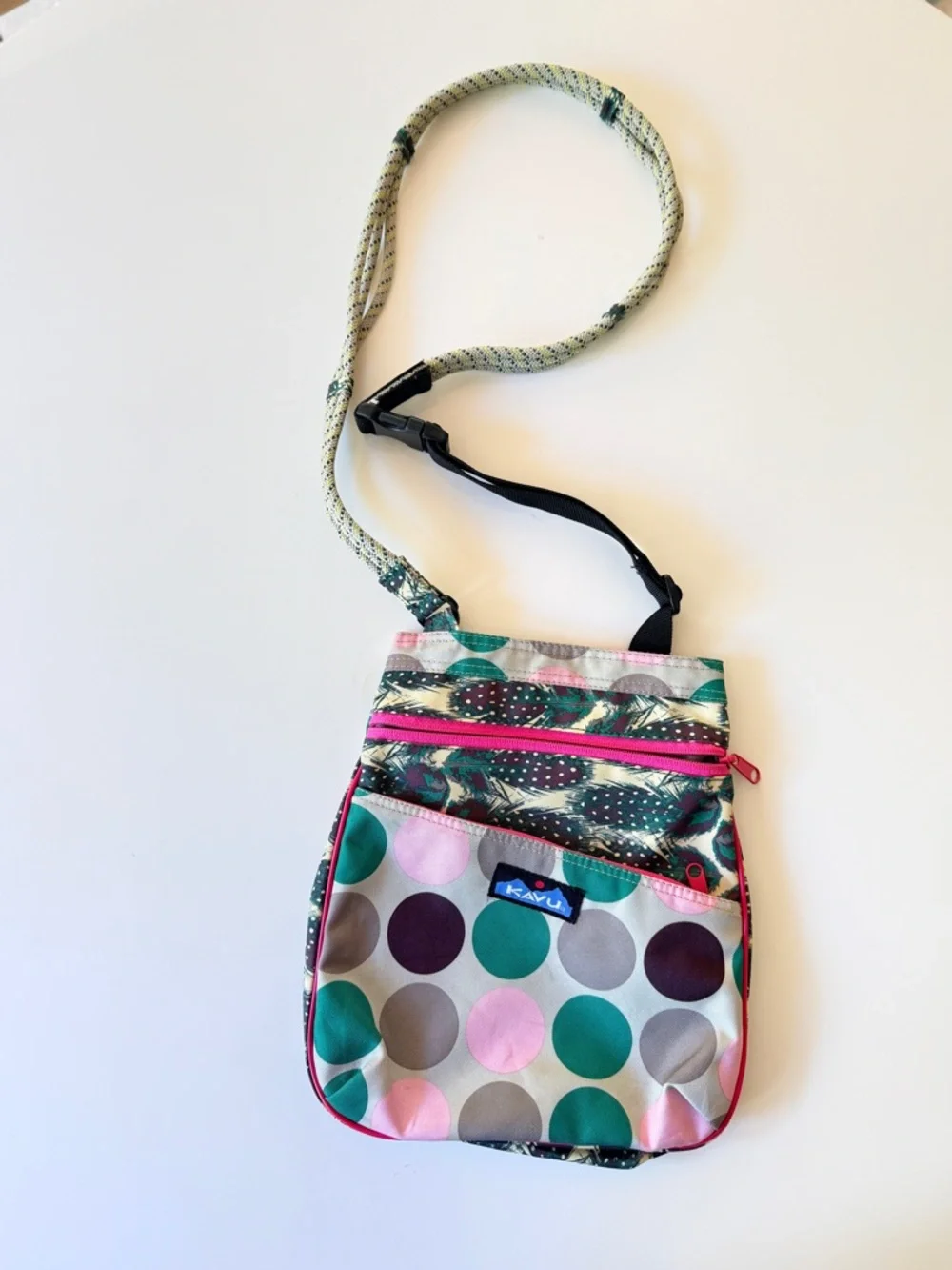 Kavu Polka Dot Crossbody Bag in Pink, Teal, Brown and Gray